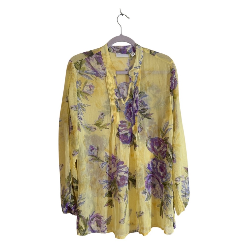Susan Graver‎ Blouse Womens XL Yellow Floral Sheer Pleated V-Neck Long Sleeve